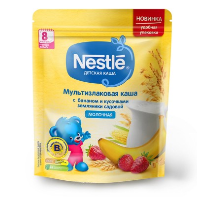 (Упак 9шт х 220гр) Каша молочная Nestle мультизлаковая с бананом и кусочками земляники