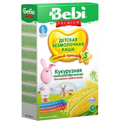 Каша Bebi Premium безмолочная, кукурузная низкоаллергенная с пребиотиками, с 5 мес., 200гр.