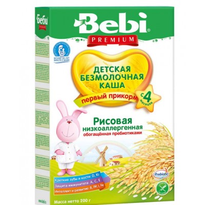 Каша Bebi Premium безмолочная, рисовая низкоаллергенная с пребиотиками, с 4 мес. 200гр.