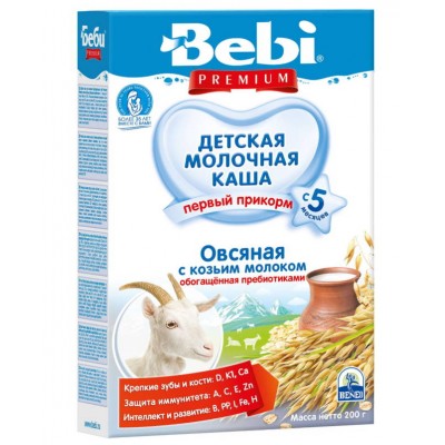 Каша Bebi на козьем молоке, овсяная, обогащенная пребиотиками, с 5 мес., 200гр.