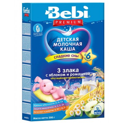 Ночная каша Bebi Premium 3 злака с яблоком и ромашкой, обогащенная пребиотиками, с 6 мес., 200гр.