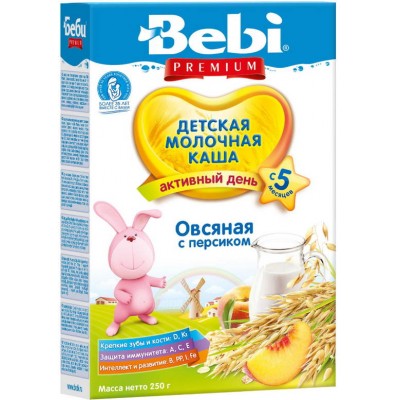 Каша Bebi Premium молочная овсяная с персиком с 5 мес, 200 гр