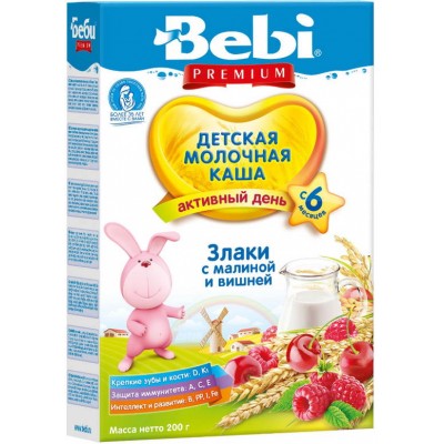 Каша Bebi Premium молочная злаки-малина-вишня с 6 мес, 200 гр