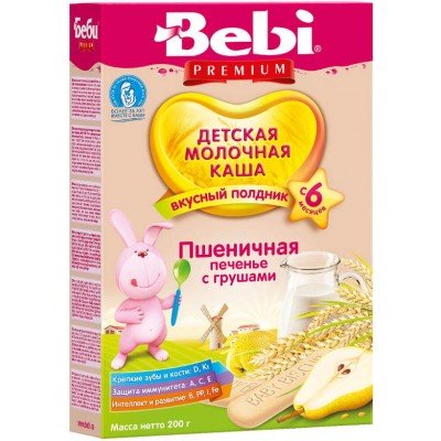 Каша Bebi Premium молочная пшеничная печенье с грушей с 6 мес, 200 гр