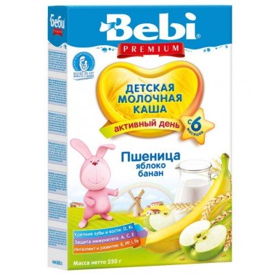 Каша Bebi Premium пшеница, яблоко, банан молочная, с 6 мес., 250гр.