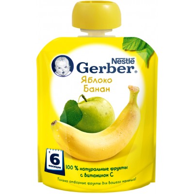 (Упак 8х90гр) Пюре Gerber Яблоко и банан с 6 мес. 90 г (пауч)